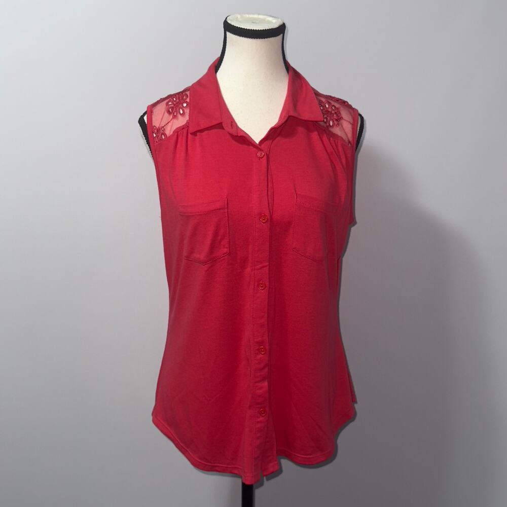 Attention Red mesh Sleeveless Button Up Blouse women’s size medium